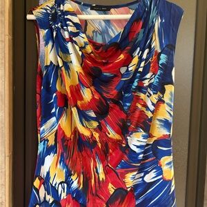 Blue Multi-Color Sleeveless Cowl Neck Blouse
